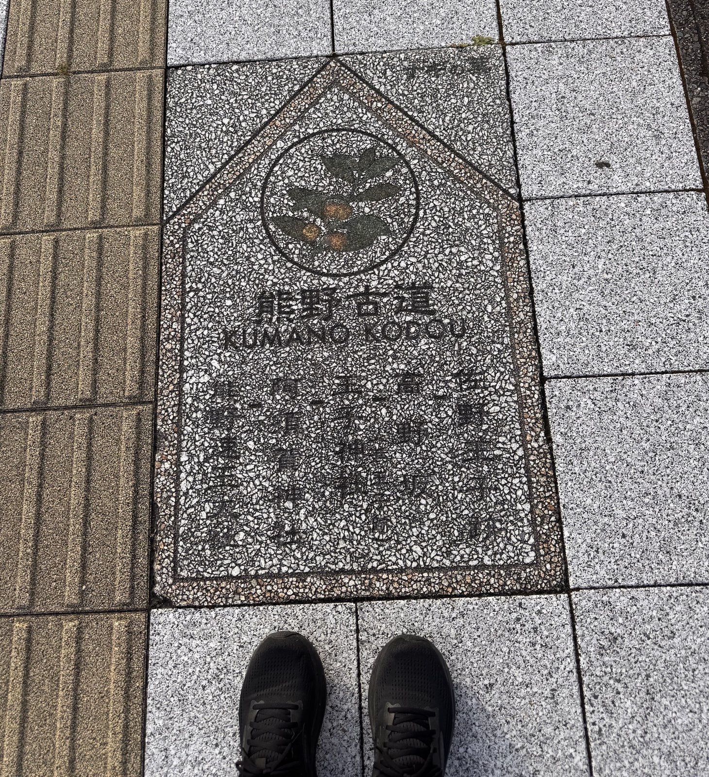 歩道に埋め込まれた熊野古道の銘板と八咫烏の紋