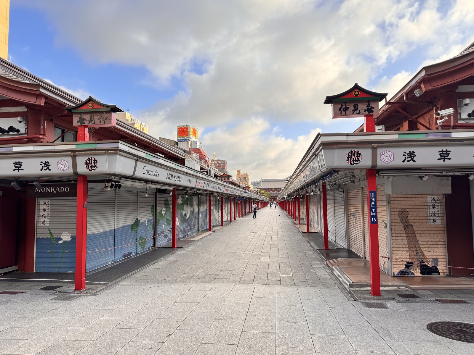 Nakamise shopping street at Senso-ji, completely empty with every shop shuttered, at 5:36 in the morning