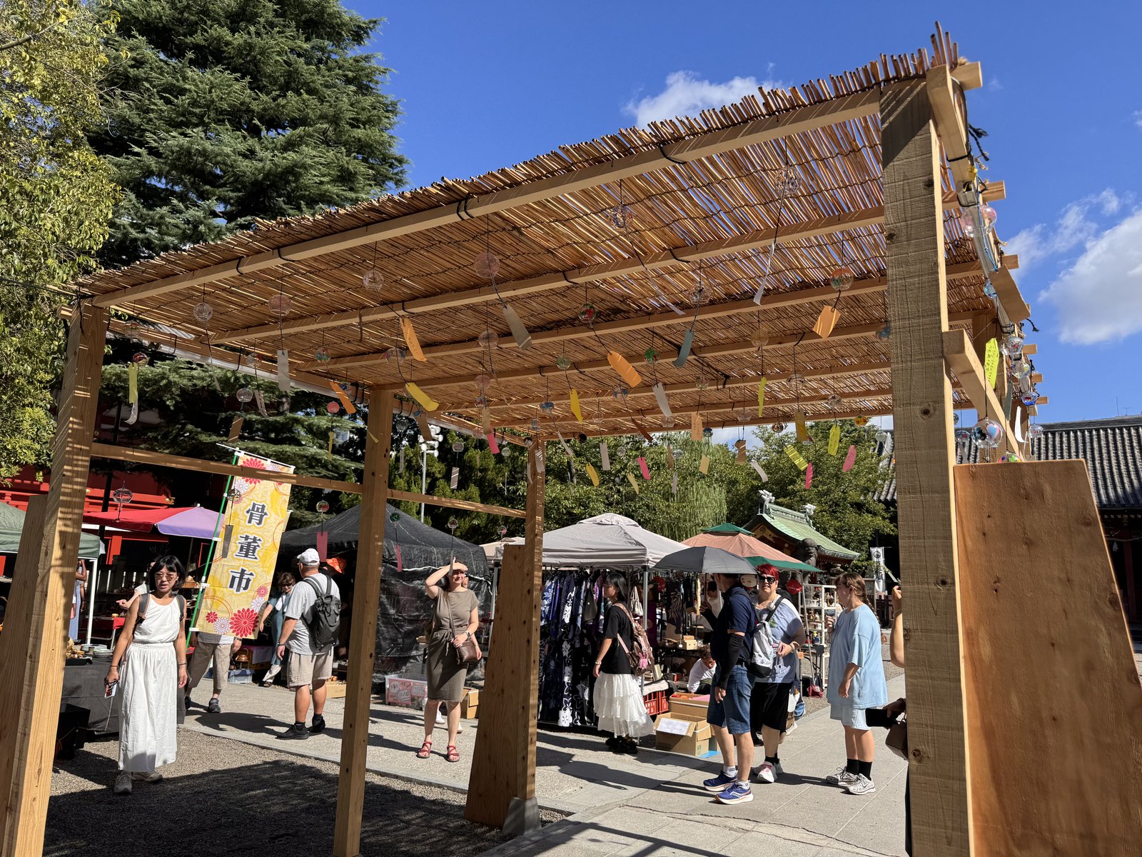 Hundreds of glass wind chimes hanging under a reed canopy at Asakusa Shrine in August
