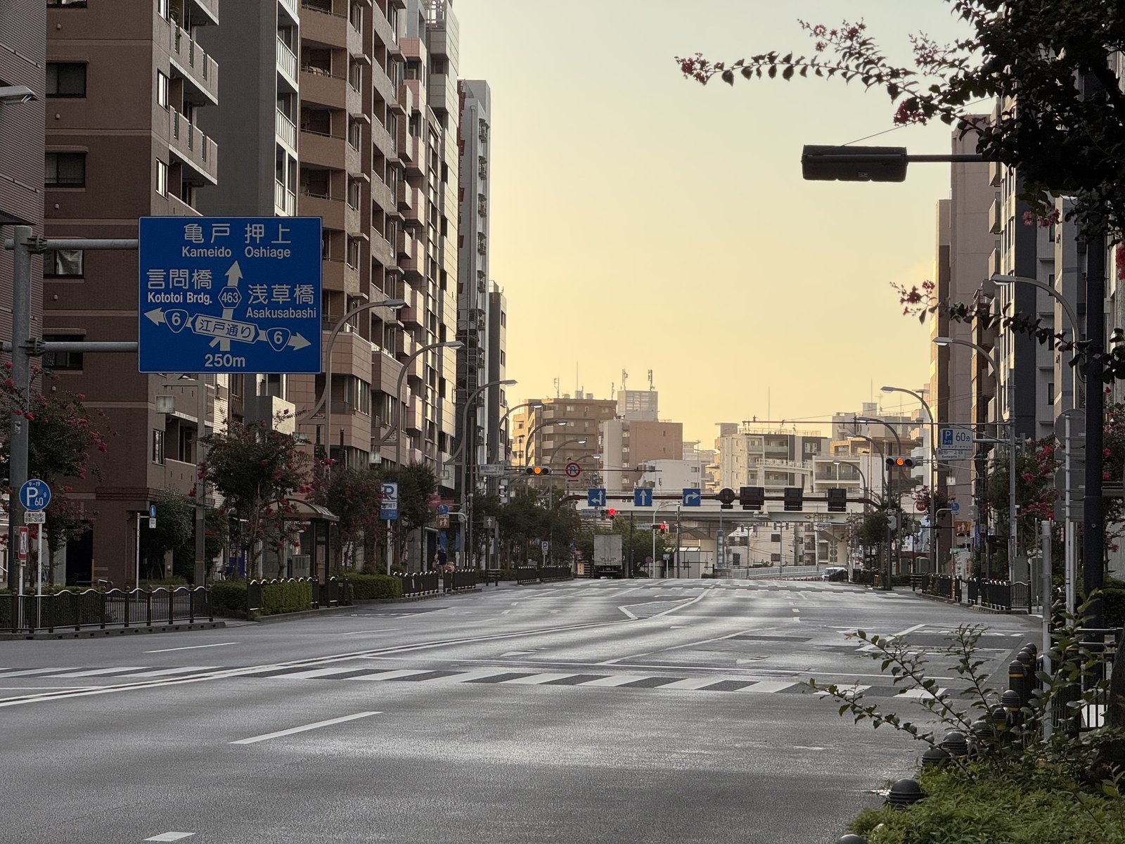 An empty street in Tawaramachi at dawn, looking toward Asakusa