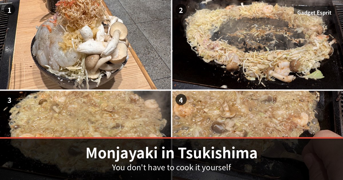 Four stages of cooking monjayaki in Tsukishima, from heaped raw ingredients to the finished dish