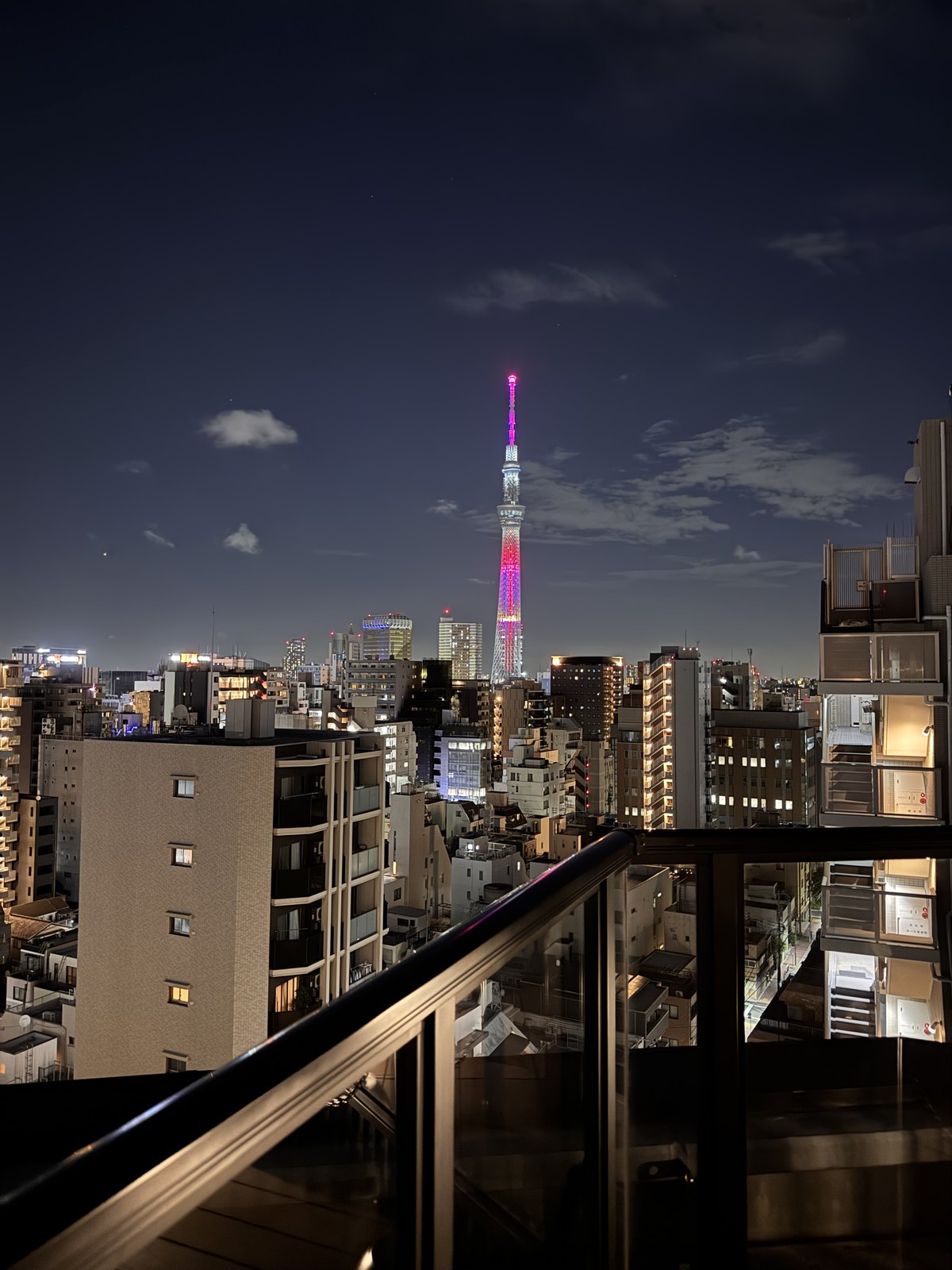 The railing of a hotel roof deck in Asakusa with the city lights behind