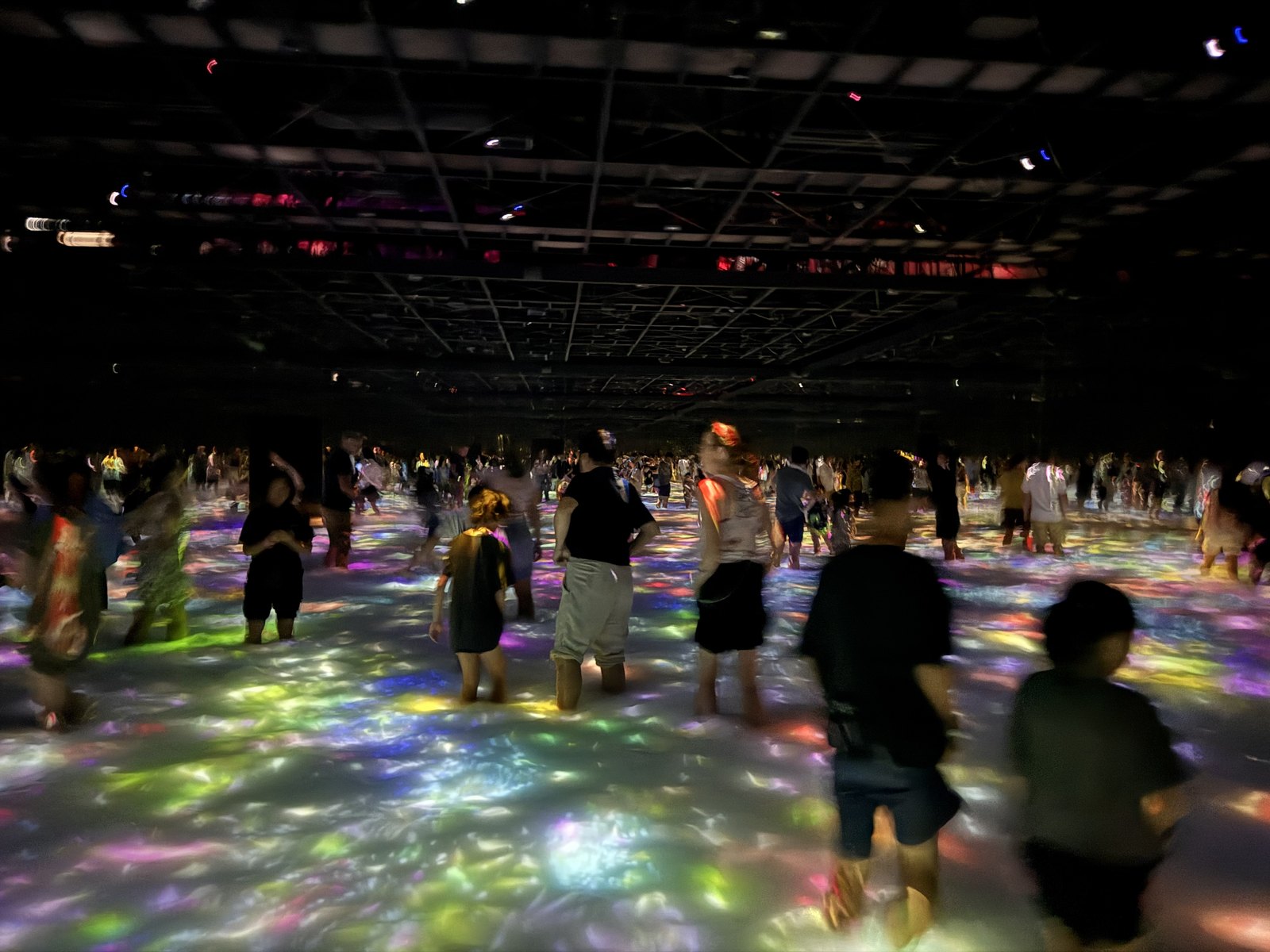 People standing in knee-deep water with colourful koi projections at teamLab Planets