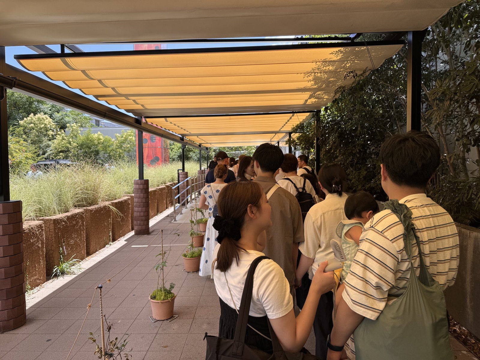 The covered outdoor waiting walkway at teamLab Planets, with a fabric awning overhead