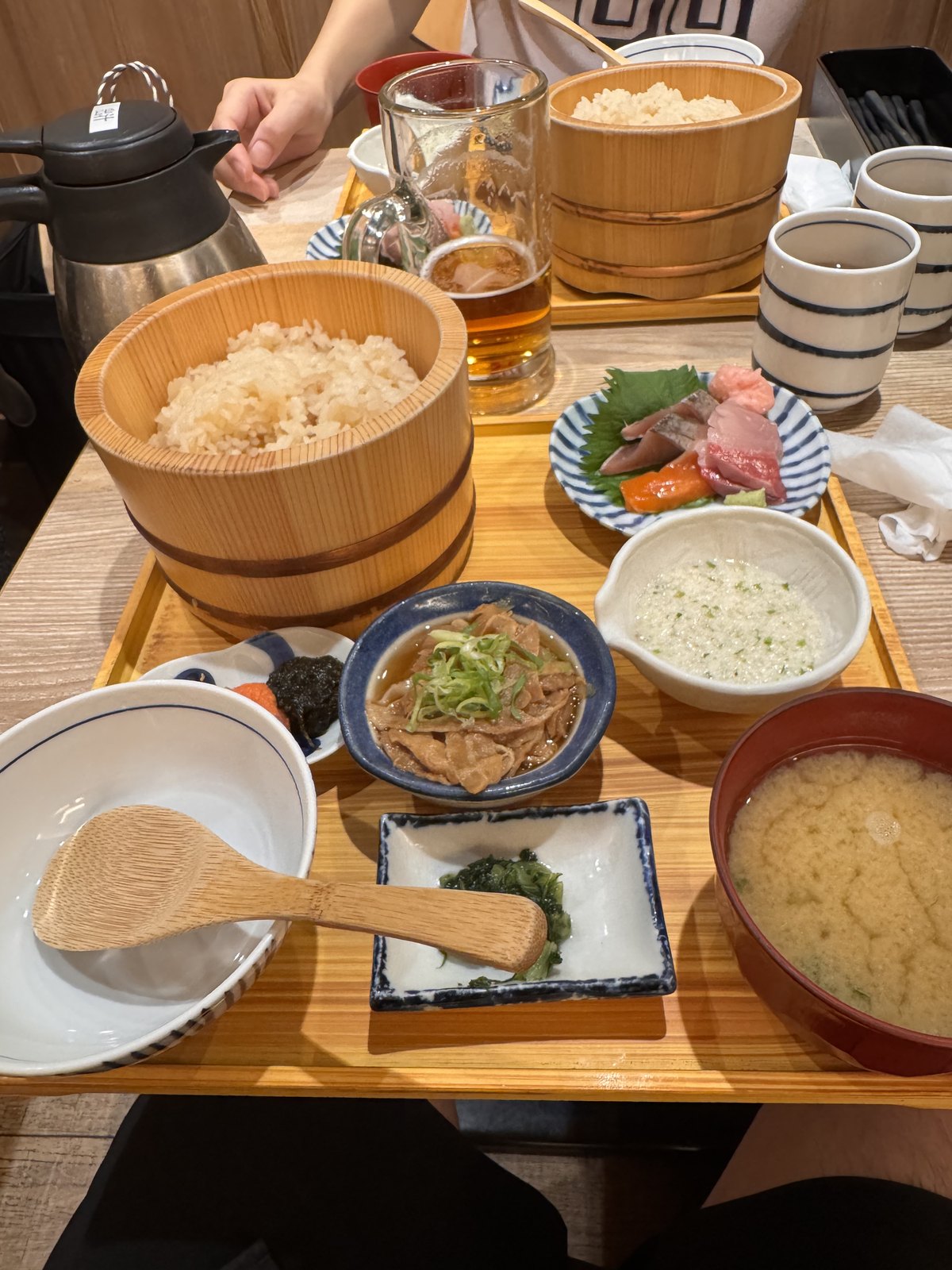 A tai-meshi sea bream rice set meal served in a wooden tub at Tokyo Station