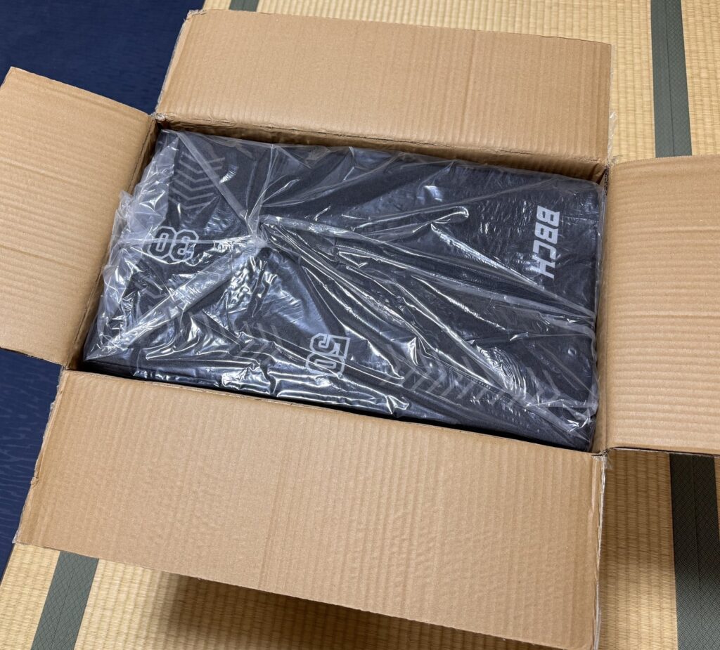 段ボールを開けた直後。箱の内側いっぱいまでプライオボックス本体が入っている