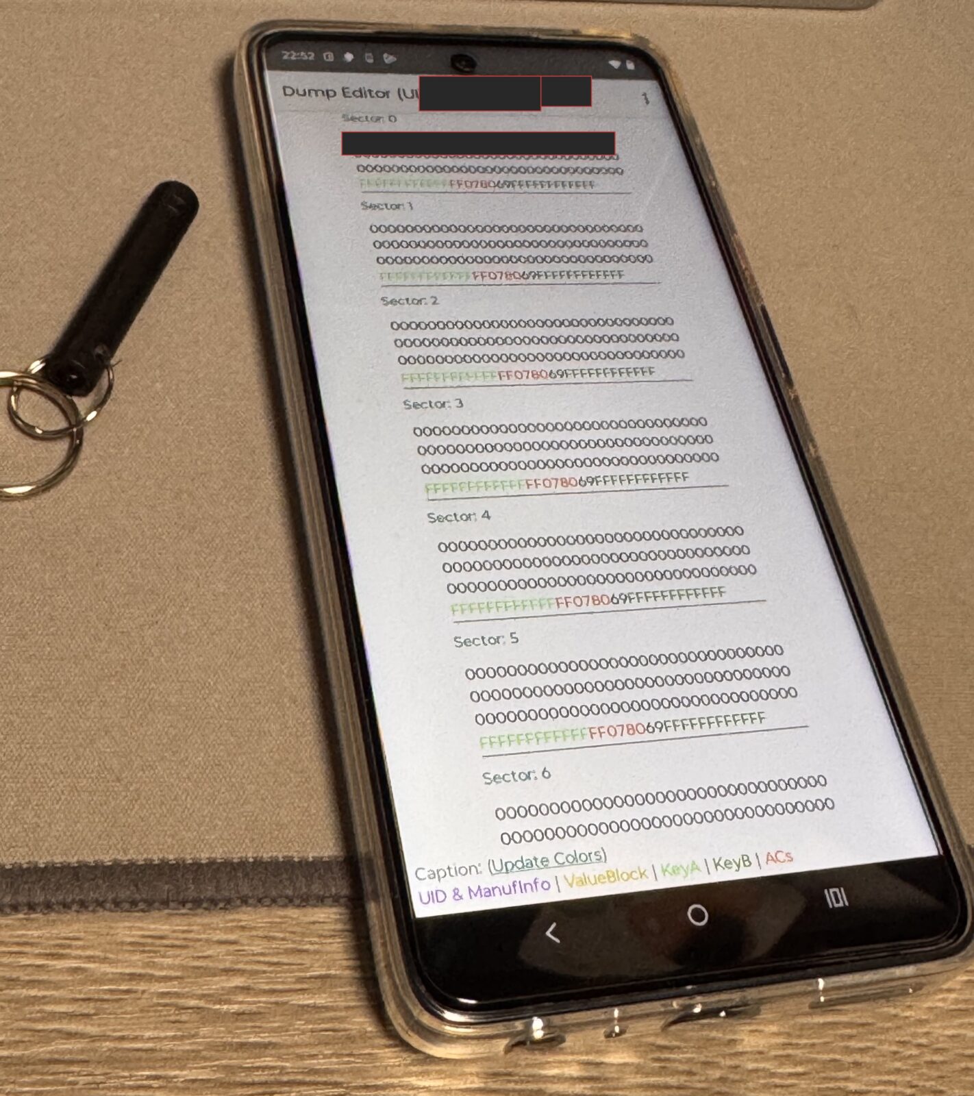 MIFARE Classic ToolでST01のセクタを読み取ったダンプ画面。データ領域はゼロで鍵は標準値（固有情報はマスク）