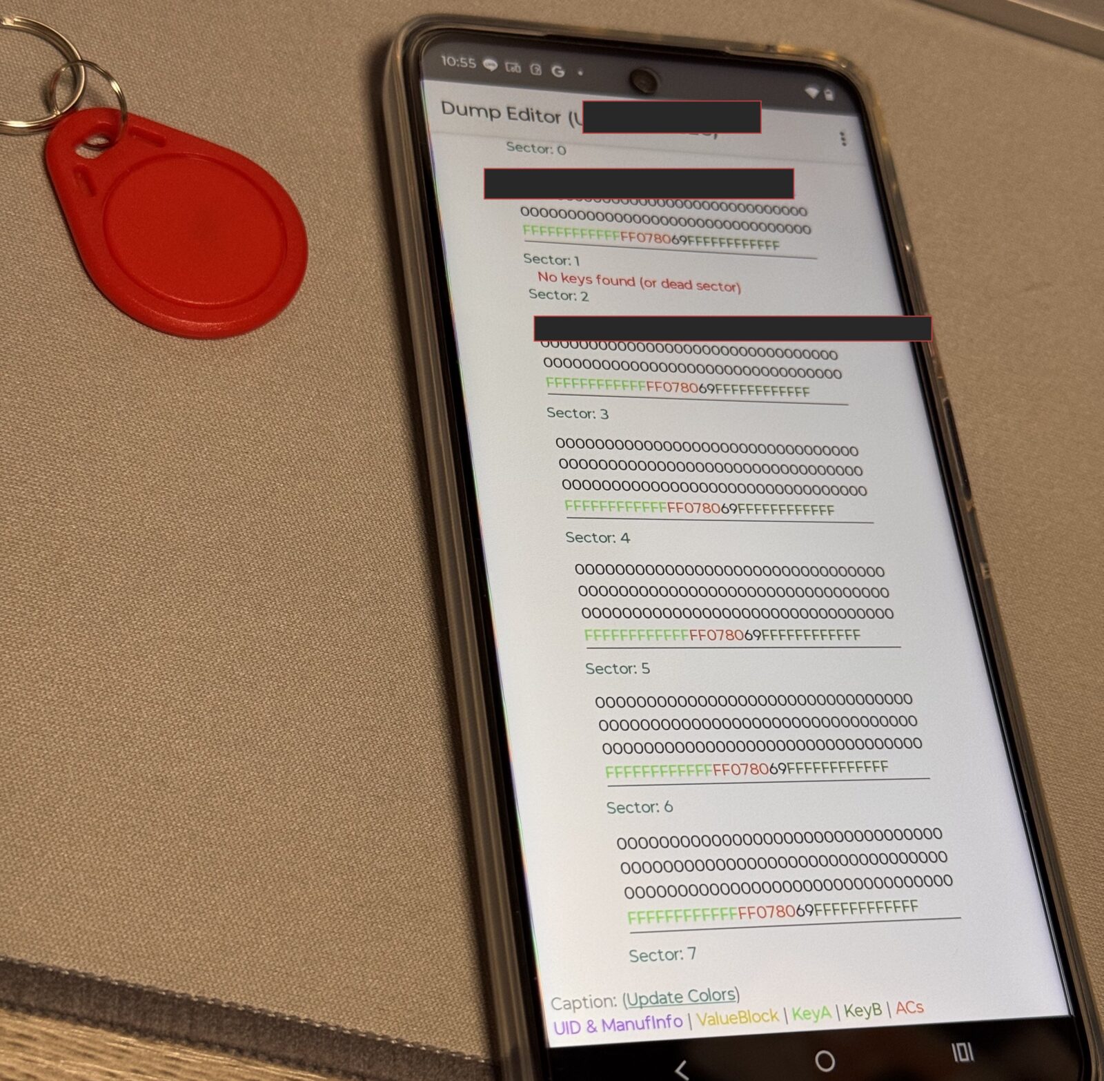 SwitchBotに登録したあとのRXK04のダンプ画面。Sector 1がNo keys foundになり、Sector 2にデータが書き込まれている（書き込まれた値と固有情報はマスク）