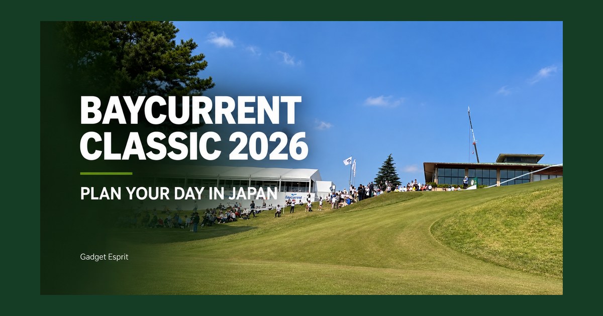 Baycurrent Classic 2026 eyecatch with the title Plan Your Day in Japan over a sunny golf course and spectators